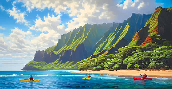 A scenic view of the Na Pali Coast with kayakers in clear waters and lush green cliffs under a blue sky.