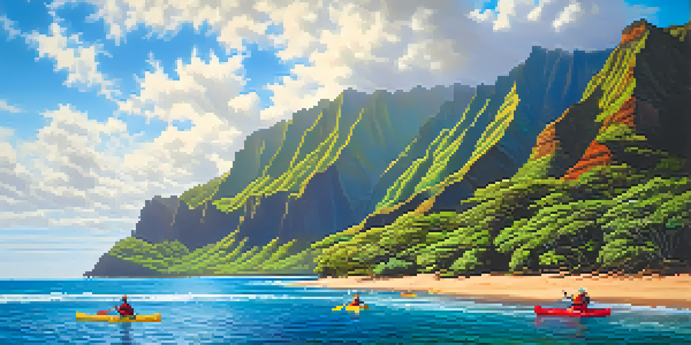 A scenic view of the Na Pali Coast with kayakers in clear waters and lush green cliffs under a blue sky.