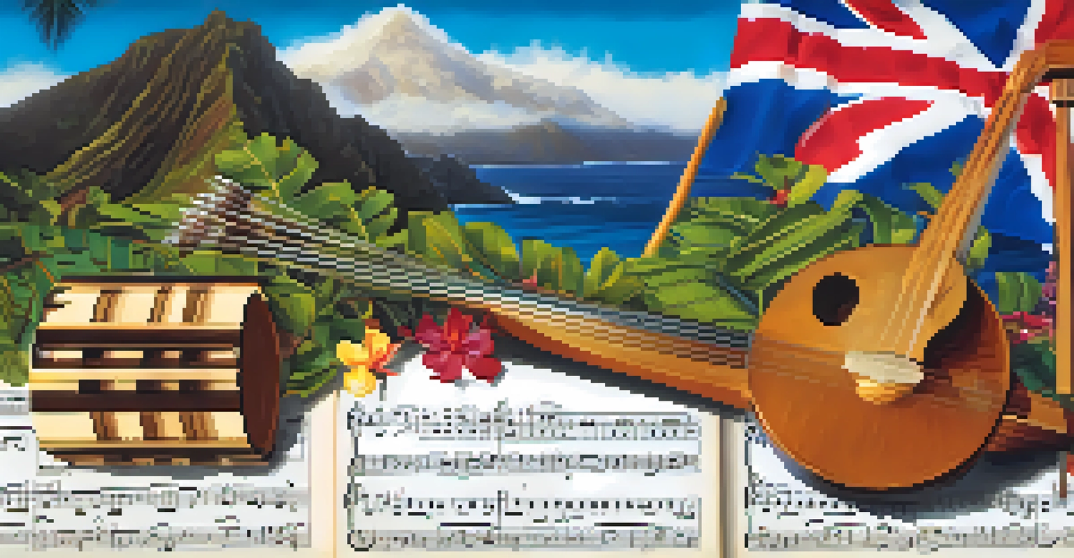 A collage of Hawaiian cultural symbols with a background of mountains and ocean waves, representing the resilience of Hawaiian identity.