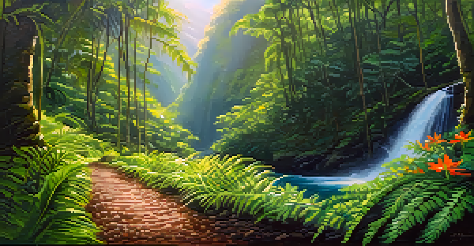 Serene hiking trail in a Hawaiian rainforest with sunlight and a waterfall.