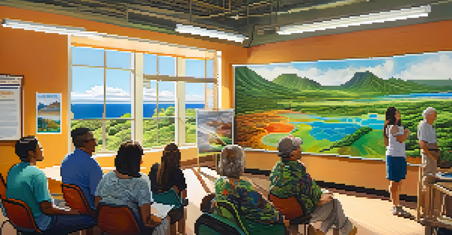 A community workshop in Hawaii about geothermal energy, with residents learning and engaging with a presenter.