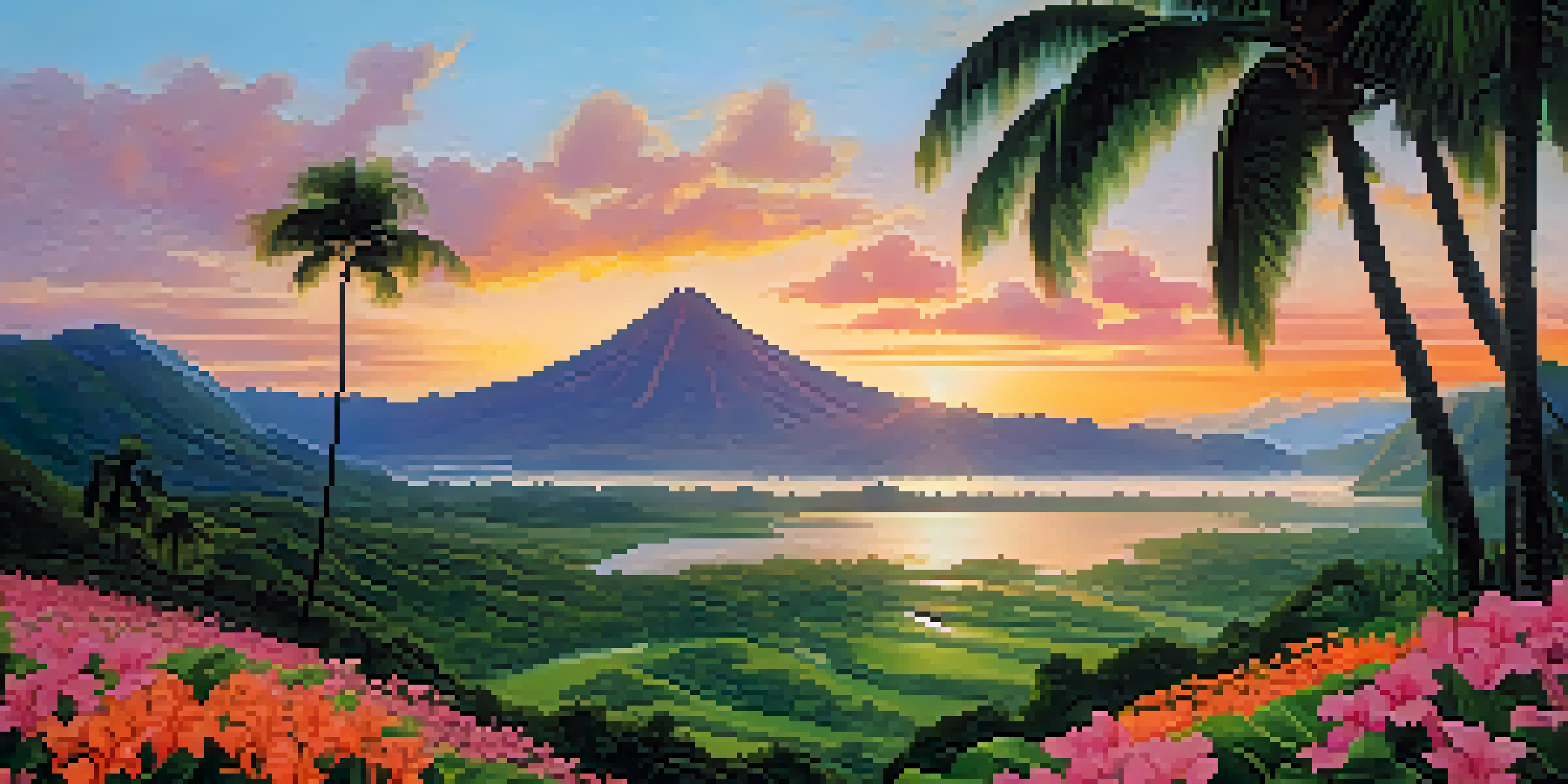 A tranquil Hawaiian landscape showcasing a volcanic mountain at sunrise, with vibrant colors in the sky and a lush green valley filled with tropical flowers and a stream.