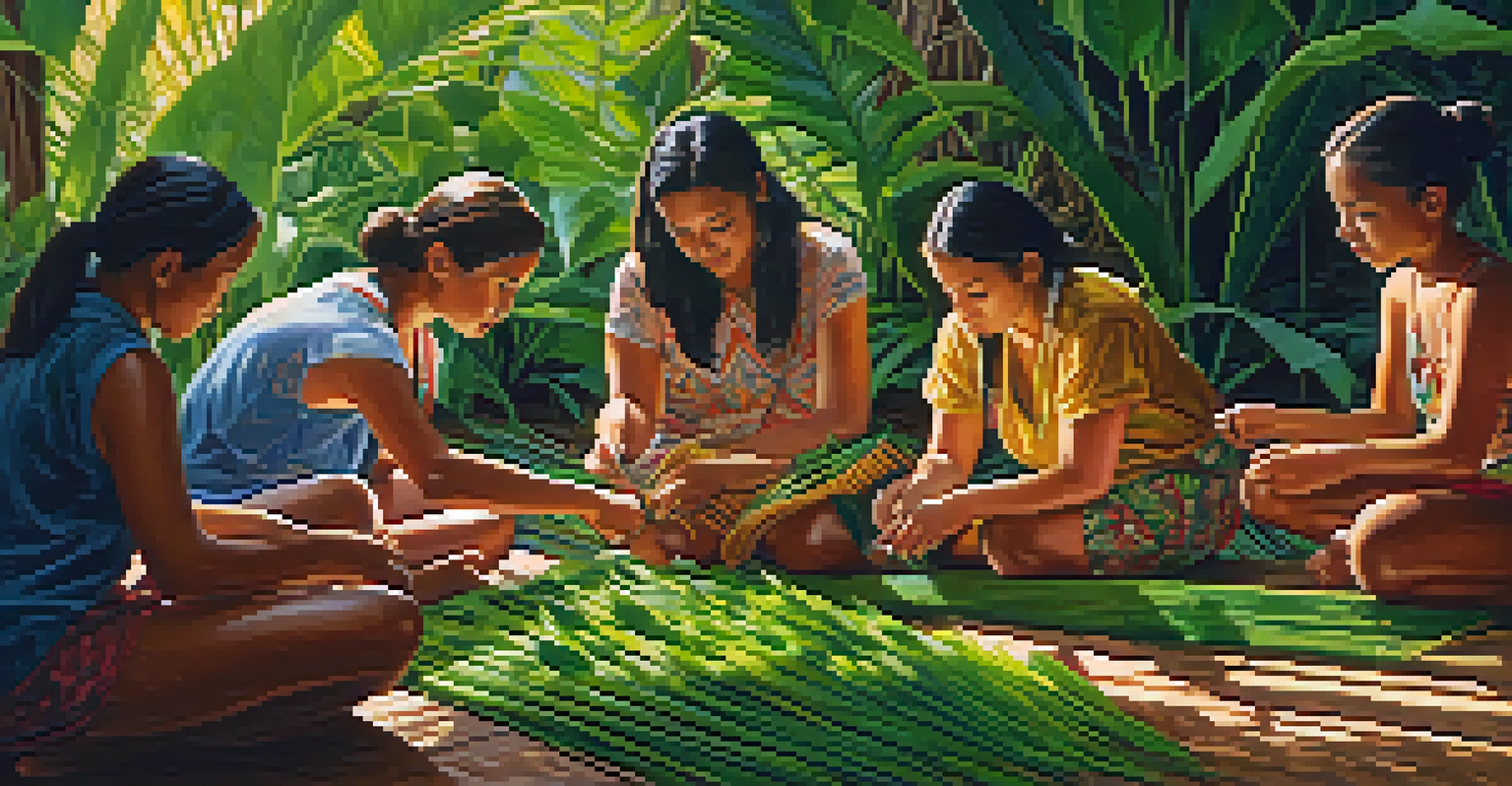 A group of people participating in a Hawaiian weaving workshop outdoors, surrounded by tropical plants and vibrant ti leaves.