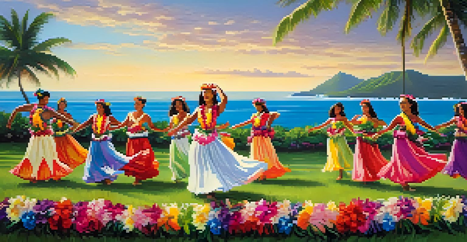 Tourists participating in a traditional Hawaiian hula dance performance with flowers and ocean in the background.