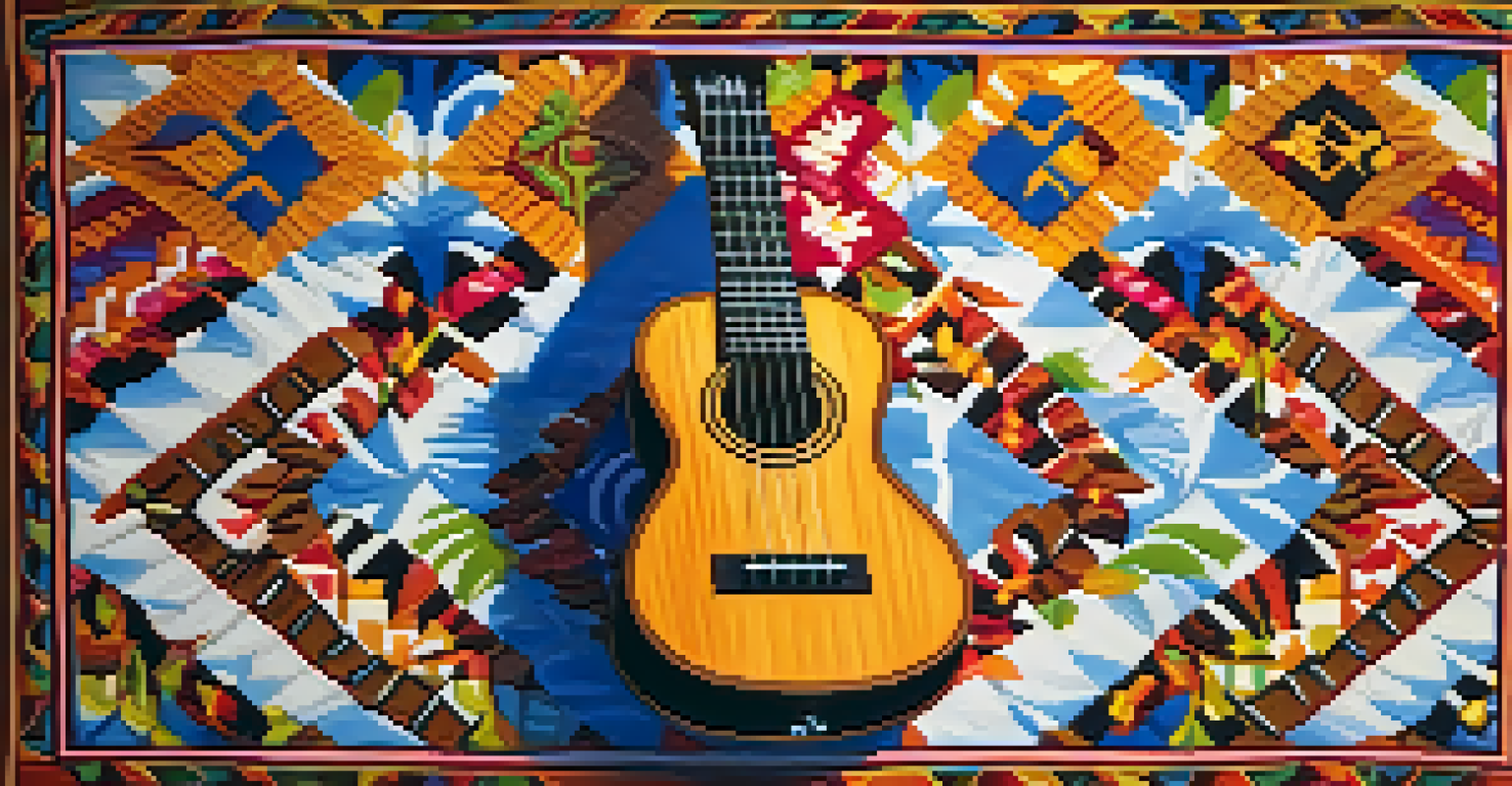 A close-up of a Hawaiian ukulele on a colorful quilt, highlighting Hawaiian culture.