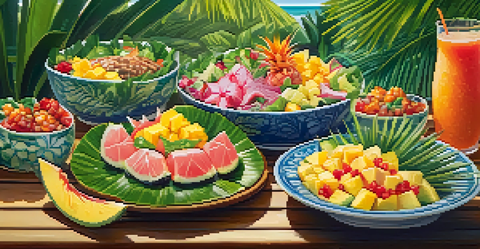 A colorful spread of Hawaiian dishes including fish poke bowls and tropical fruits on a wooden table, surrounded by greenery.