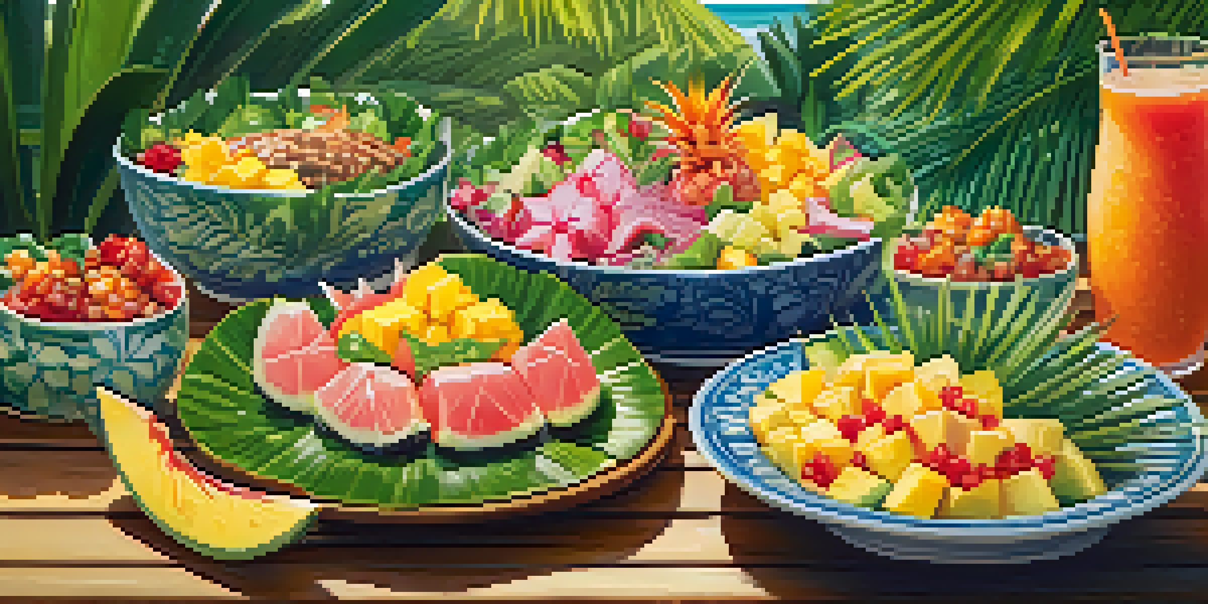 A colorful spread of Hawaiian dishes including fish poke bowls and tropical fruits on a wooden table, surrounded by greenery.