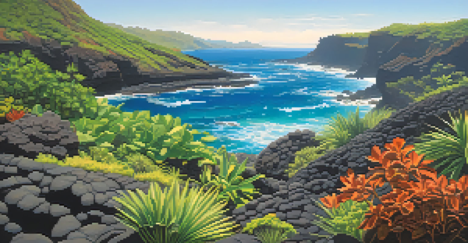 A coastal landscape in Hawaii featuring endemic plants against arid lava fields, with the ocean and clear blue sky in the background.
