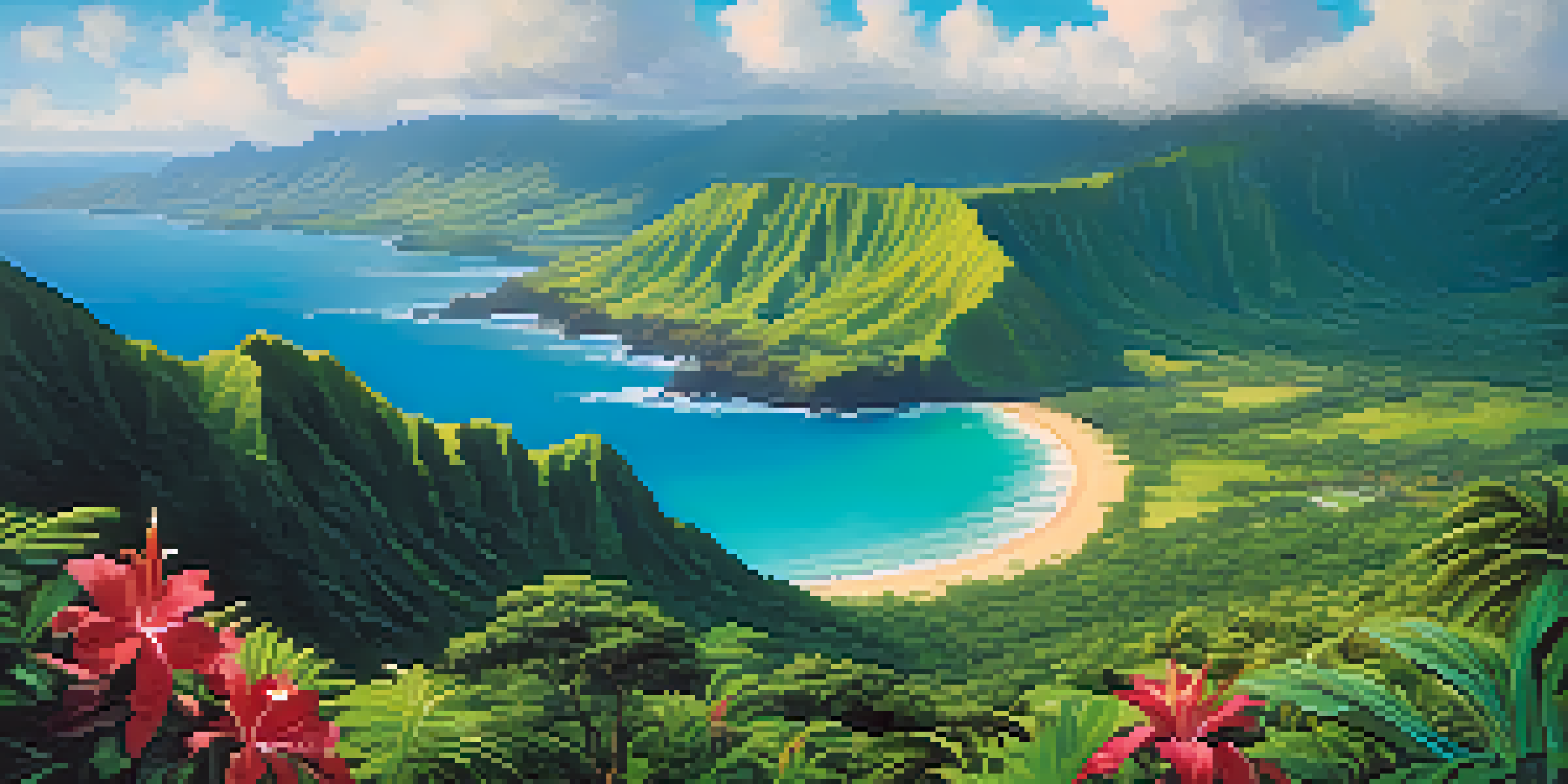 An aerial view of Hawaii's stunning landscape with mountains and ocean.