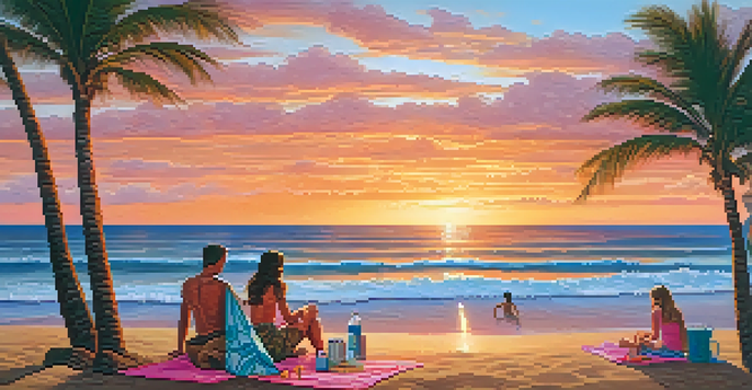 A scenic Hawaiian beach at sunset with a family having a picnic on the sand, surrounded by palm trees and calm waves.