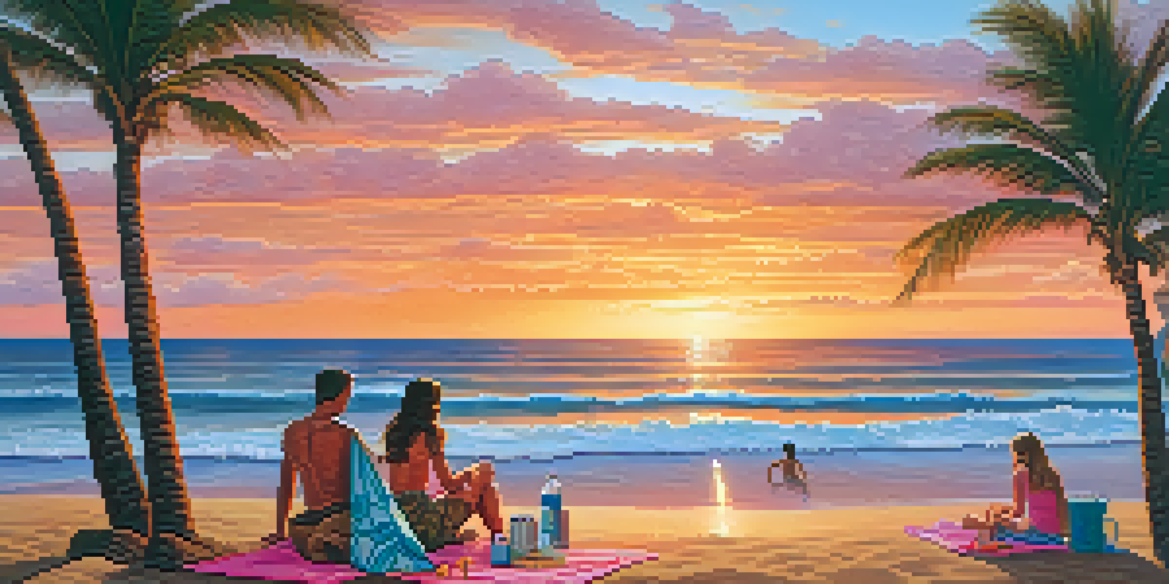 A scenic Hawaiian beach at sunset with a family having a picnic on the sand, surrounded by palm trees and calm waves.