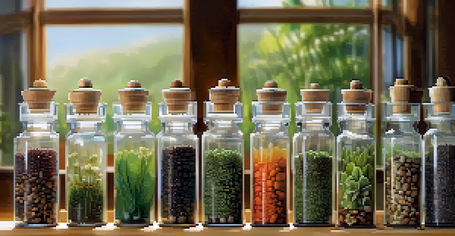 A close-up of a seed bank with vials of native Hawaiian plant seeds on a wooden table with natural light.