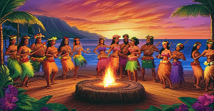 A Hawaiian luau at sunset with hula dancers in colorful costumes, tiki torches, and guests enjoying local cuisine.