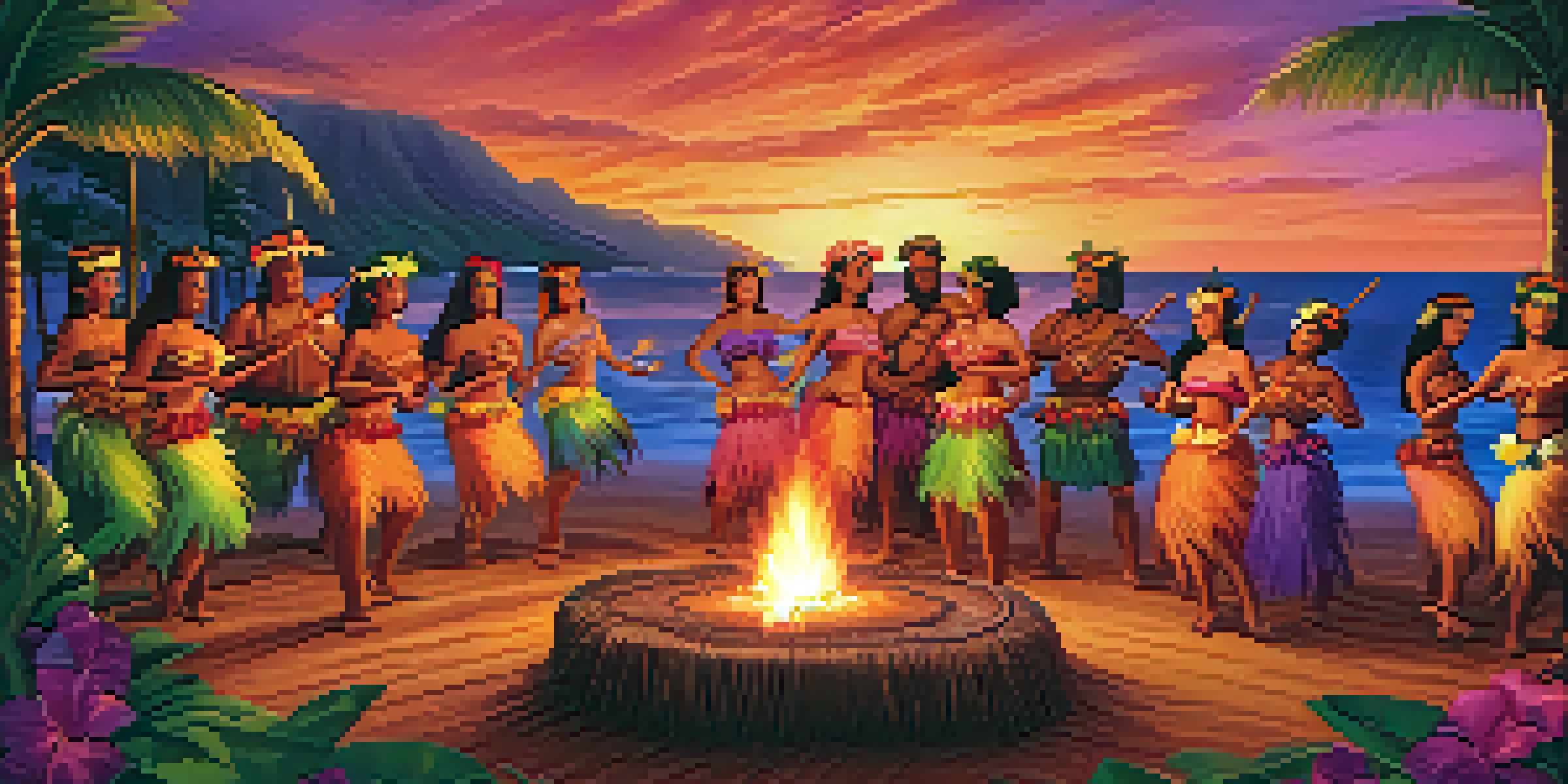 A Hawaiian luau at sunset with hula dancers in colorful costumes, tiki torches, and guests enjoying local cuisine.