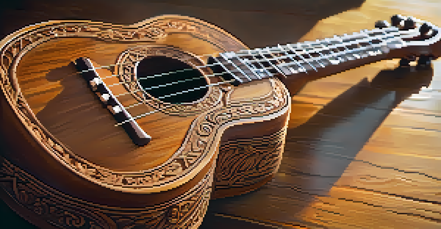A close-up of a carved ukulele on a wooden table, surrounded by sheets of traditional Hawaiian music in soft natural light.