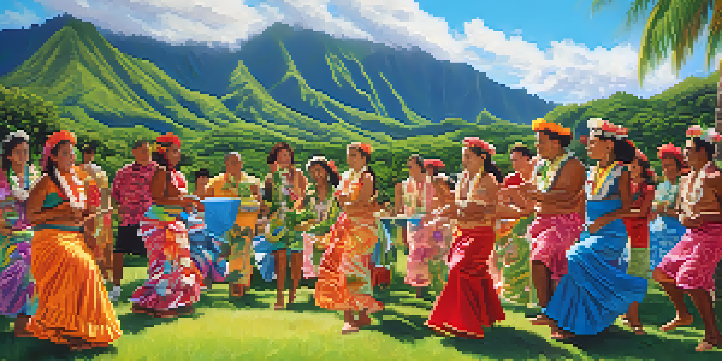 A diverse group of people in Hawaiian attire celebrating in a lush landscape, promoting cultural appreciation and inclusivity.