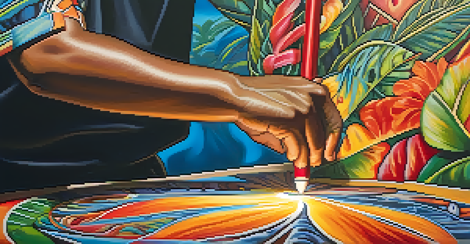 A Native Hawaiian artist painting a colorful mural with traditional symbols, with cultural artifacts in the background.