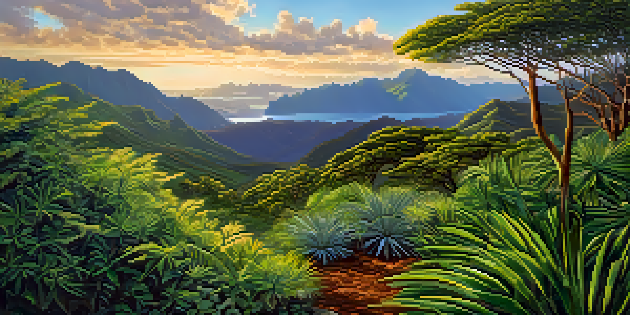 A vibrant Hawaiian landscape featuring native plants like the Hawaiian silversword, high mountains, and golden sunlight illuminating the scene.
