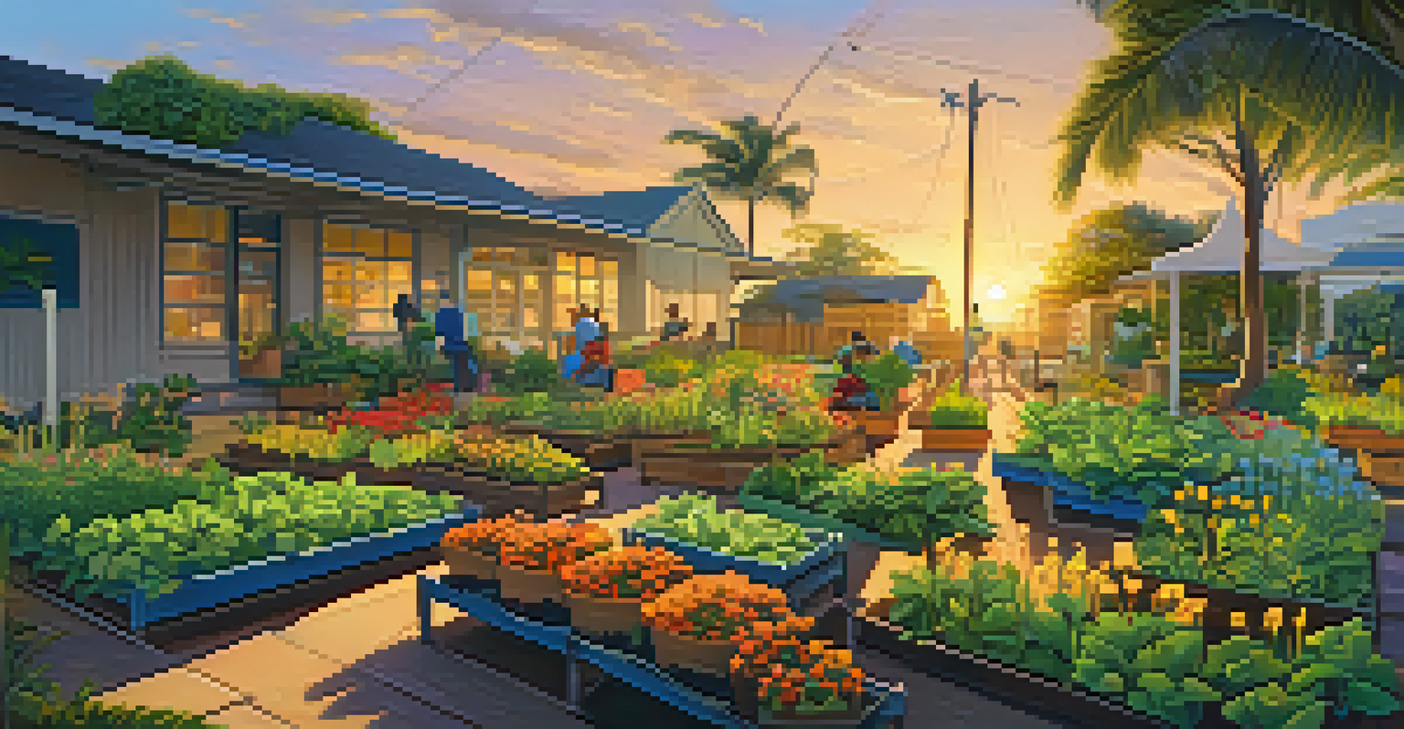 A tranquil community garden in Hawaii at sunset, with residents enjoying the peaceful atmosphere amidst colorful plants.