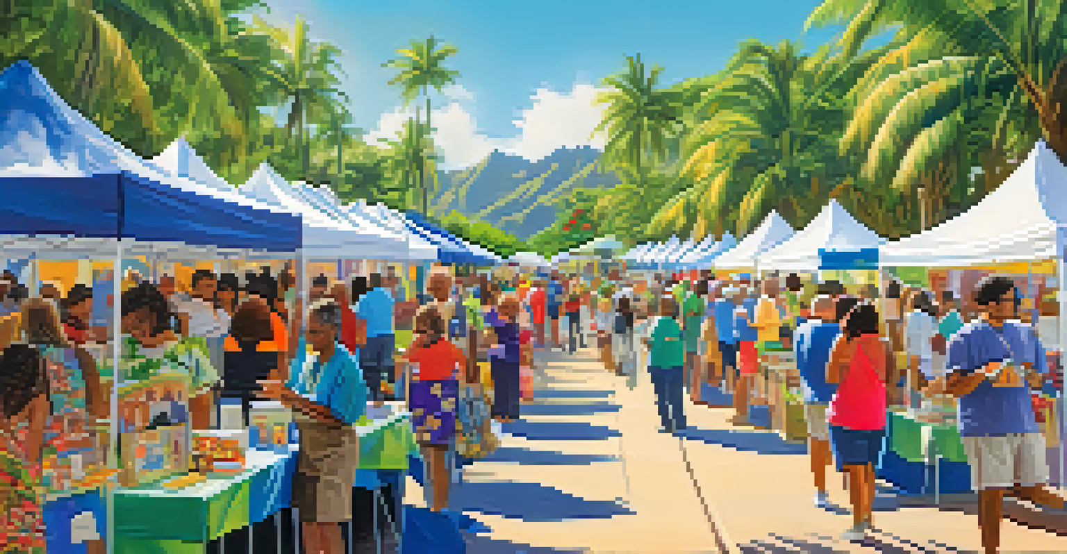 A lively community health fair in Hawaii with colorful booths and diverse attendees engaging with healthcare professionals.