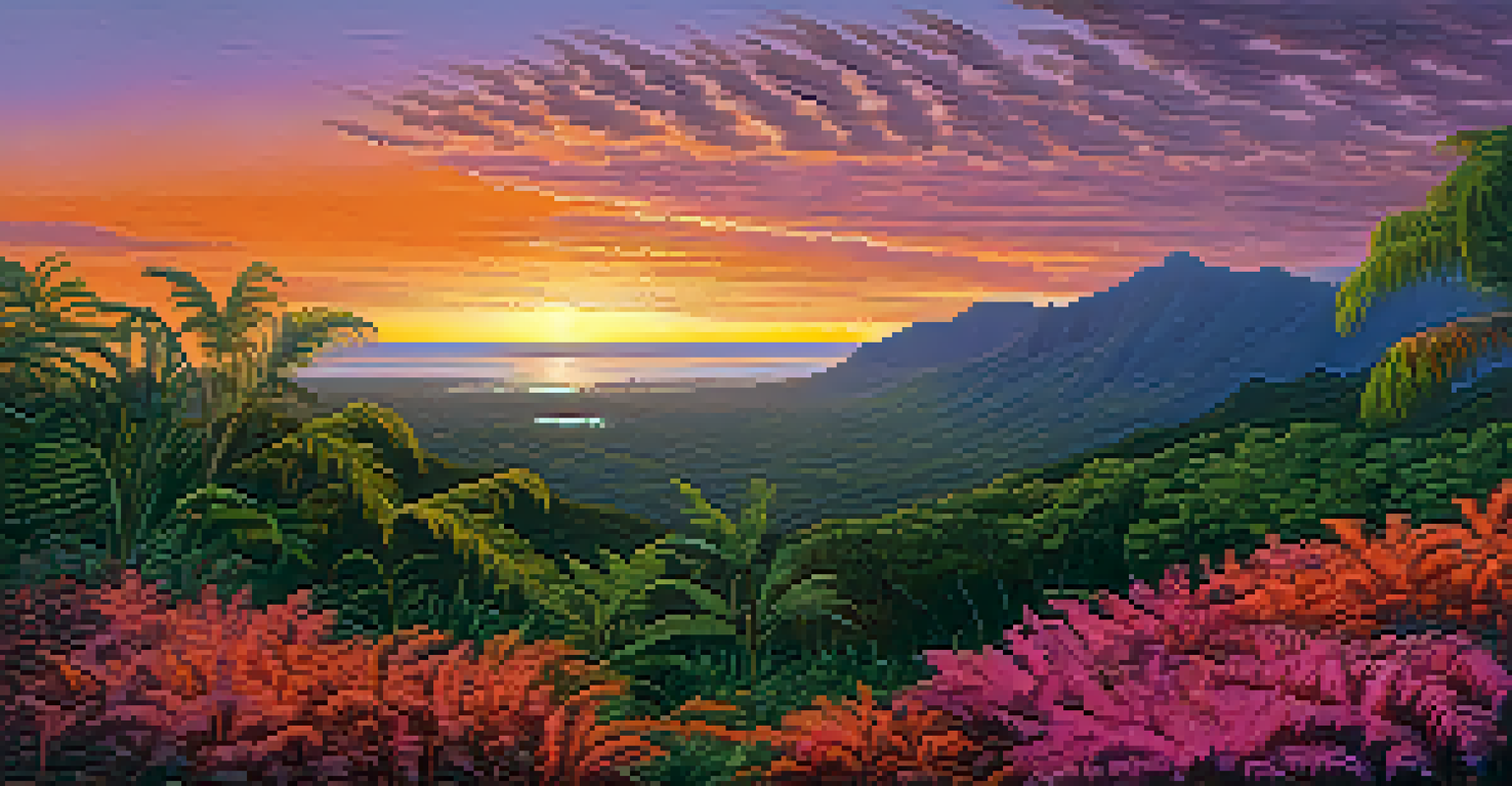 A sunset illuminating a Hawaiian forest with a nene goose in the foreground.