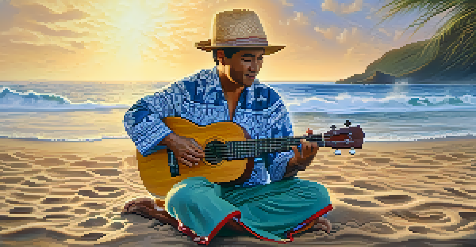 A close-up of a Hawaiian musician playing a ukulele on the beach with ocean waves in the background, dressed in traditional attire.