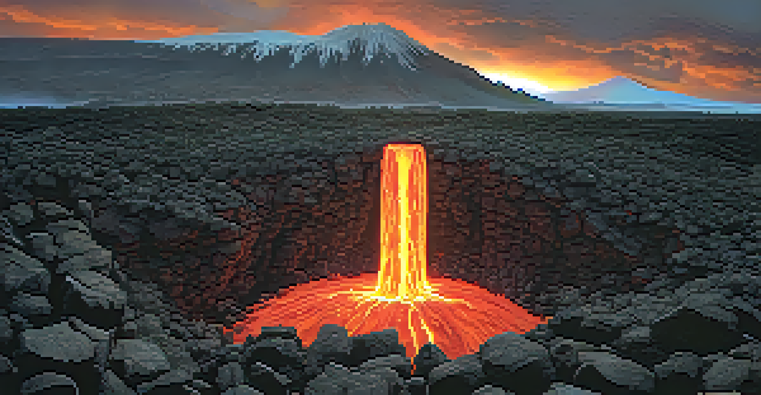A close-up of a lava fountain erupting, surrounded by volcanic rock.