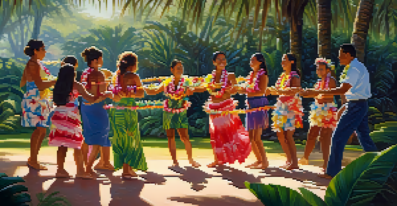 A Hawaiian family gathering outdoors, performing a traditional hula dance surrounded by tropical plants and warm sunlight.