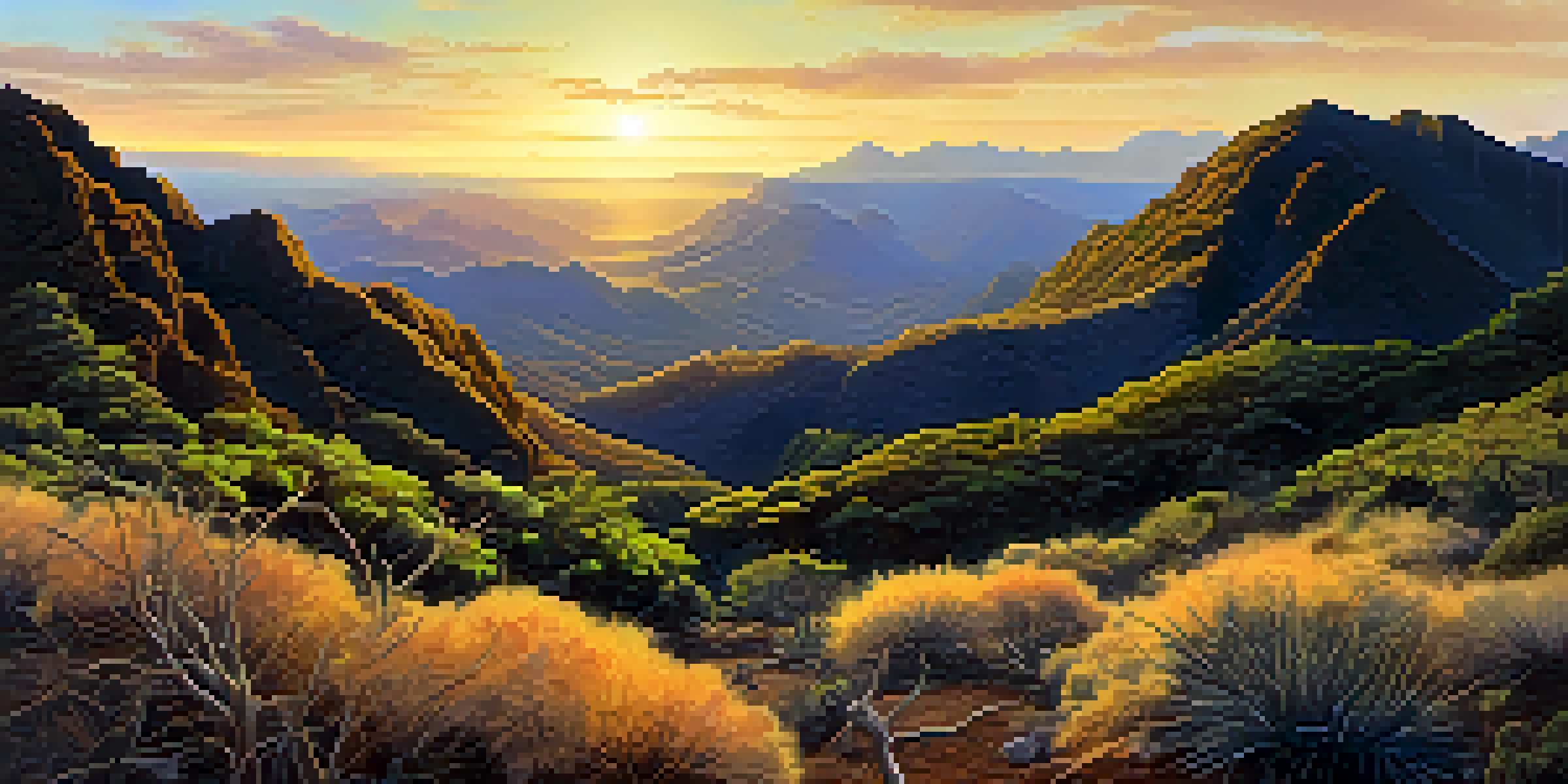 A panoramic view of a dry Hawaiian forest at sunset with resilient plants and distant mountains.