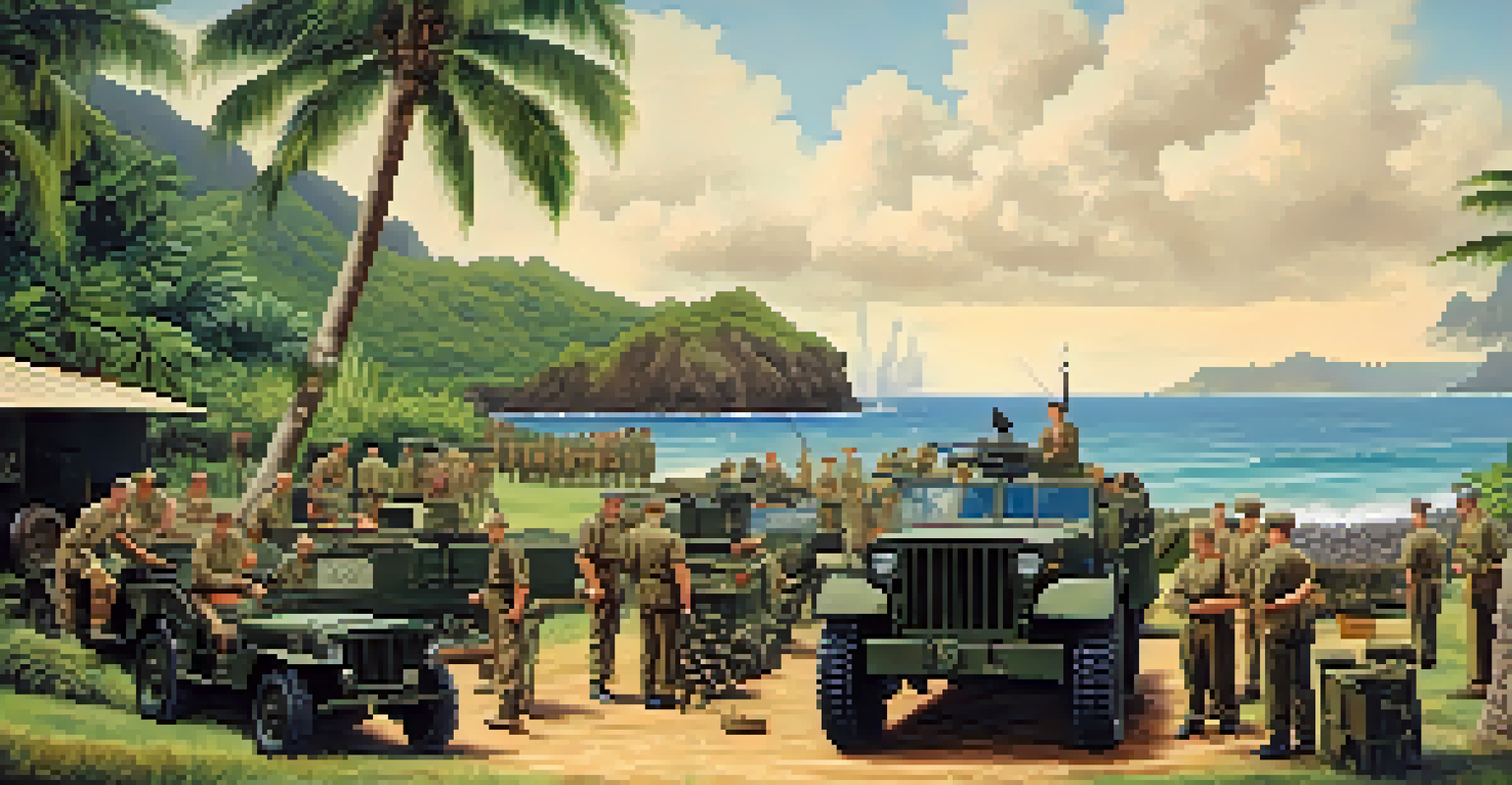 A historical reenactment of WWII soldiers preparing at a military base in Hawaii with tropical surroundings.
