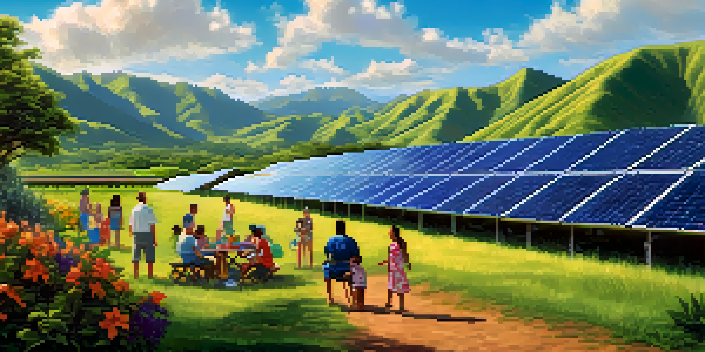 A scenic solar farm in Hawaii with solar panels and a diverse group of people having a picnic in the foreground.