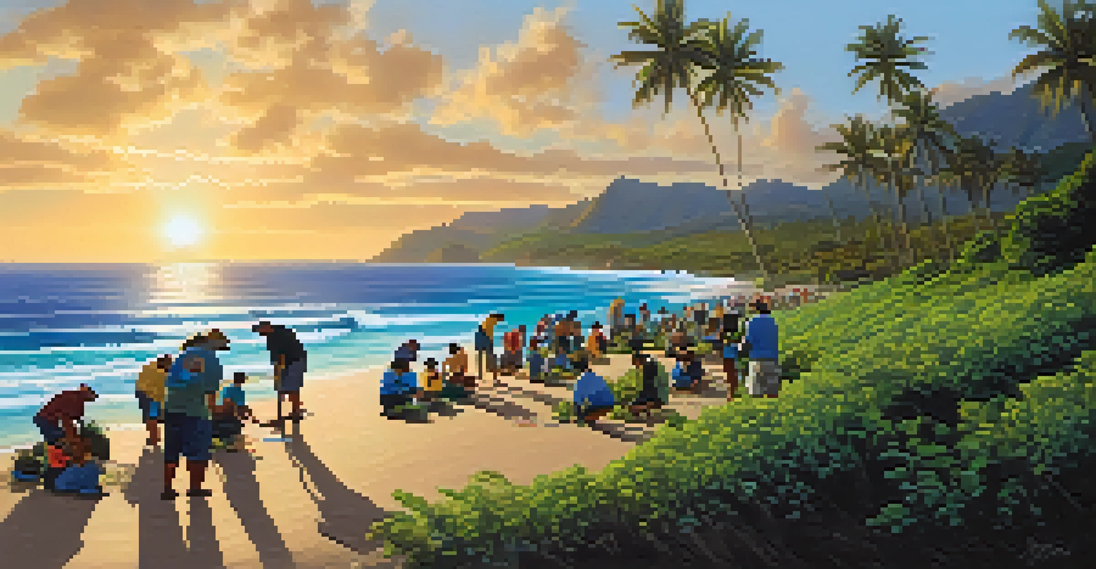 Volunteers planting naupaka shrubs along a Hawaiian beach during sunset, with the ocean in the background.