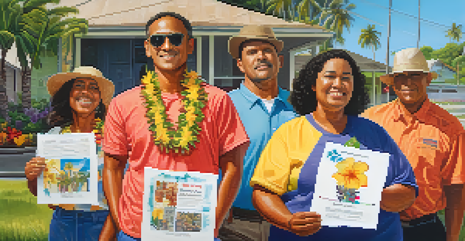 A neighborhood watch group in Hawaii, unified and holding flyers, amidst a backdrop of flowers and palm trees.