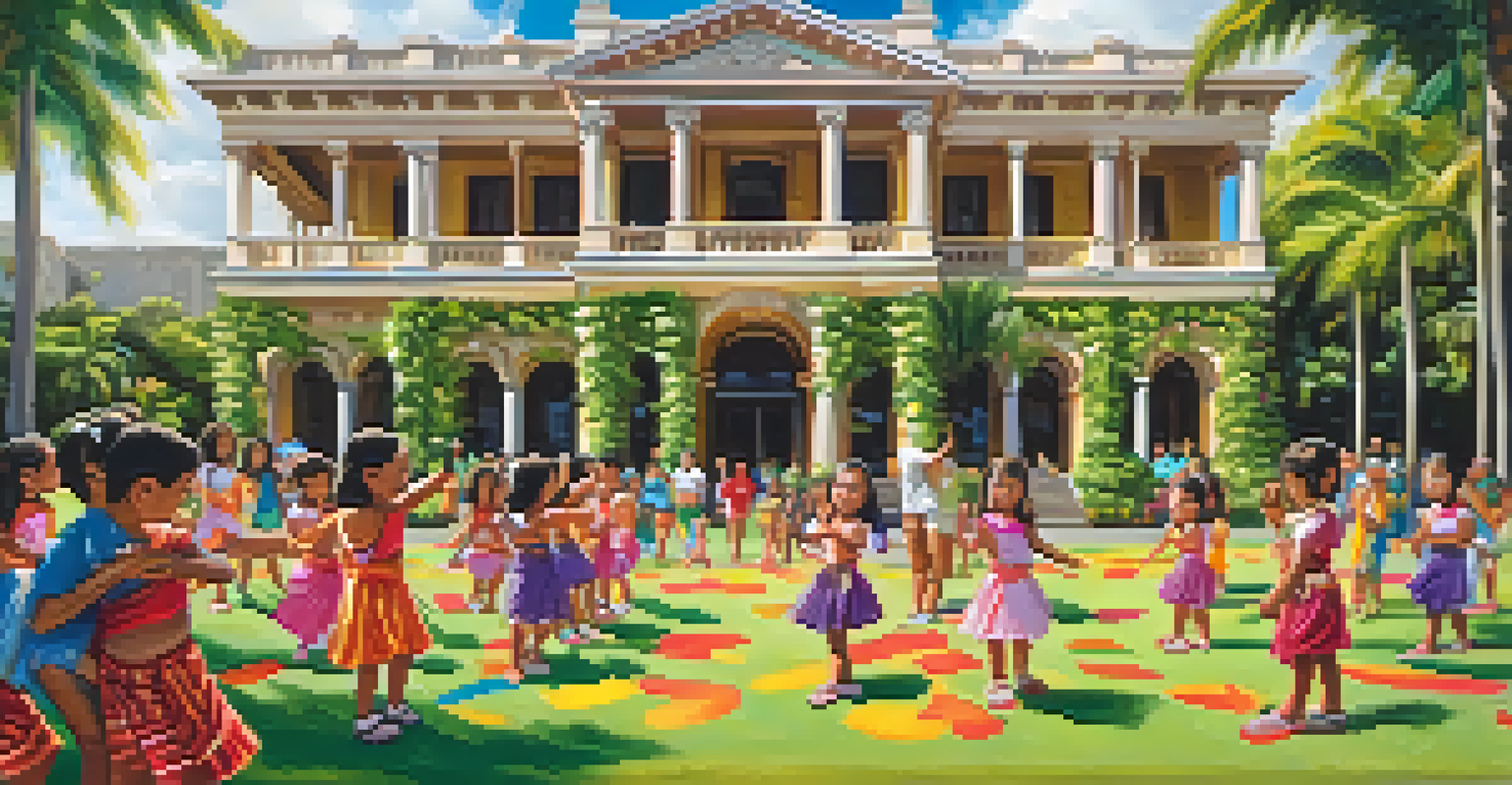 Children participating in a hula dancing class in front of Iolani Palace, surrounded by colorful leis and lush greenery.