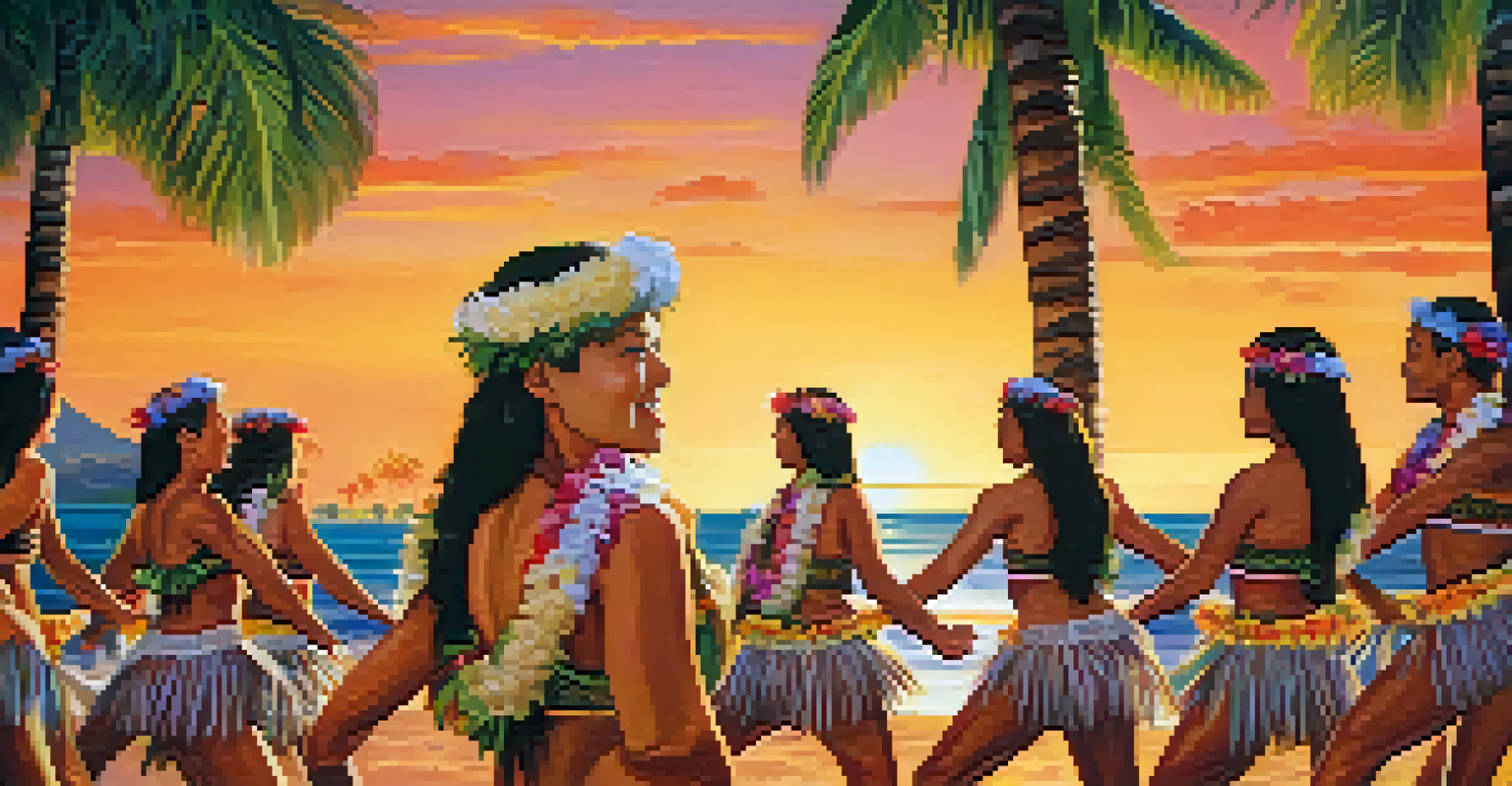 Hawaiian dancers in traditional attire performing hula dance at a cultural festival with palm trees in the background.