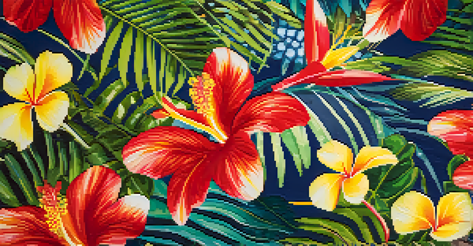A close-up of a colorful Hawaiian Aloha shirt with floral patterns against tropical leaves.