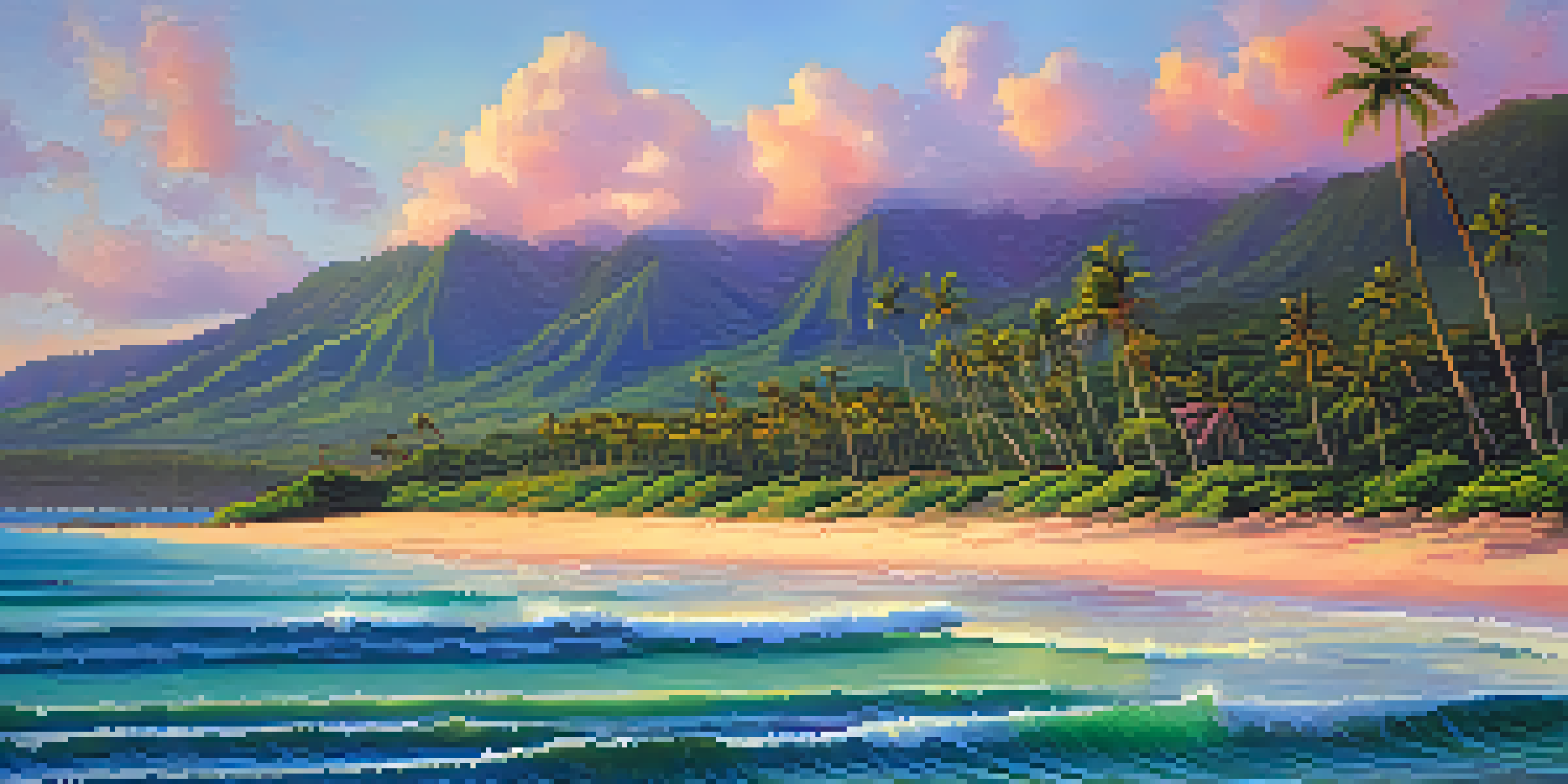 A beautiful Hawaiian beach during sunrise, with colorful skies and palm trees.