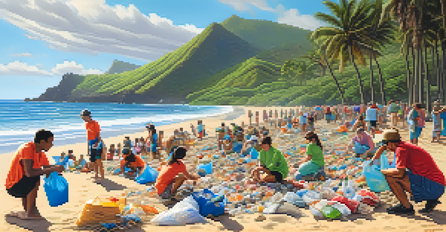 A community beach cleanup event in Hawaii, with participants collecting trash on the sandy shore under warm sunlight.