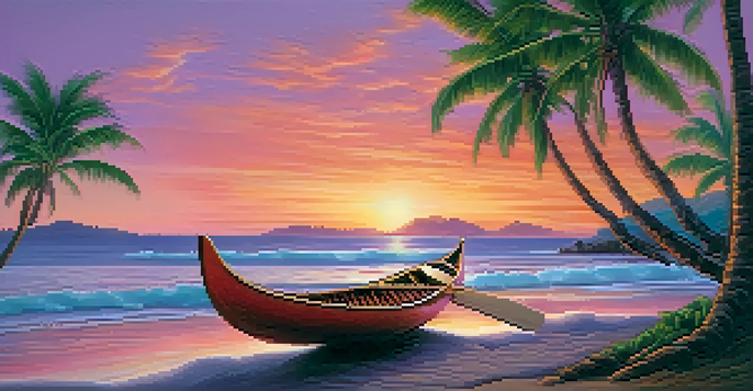 A beautiful sunset over the Hawaiian Islands, with vibrant colors in the sky and a traditional canoe on the beach.