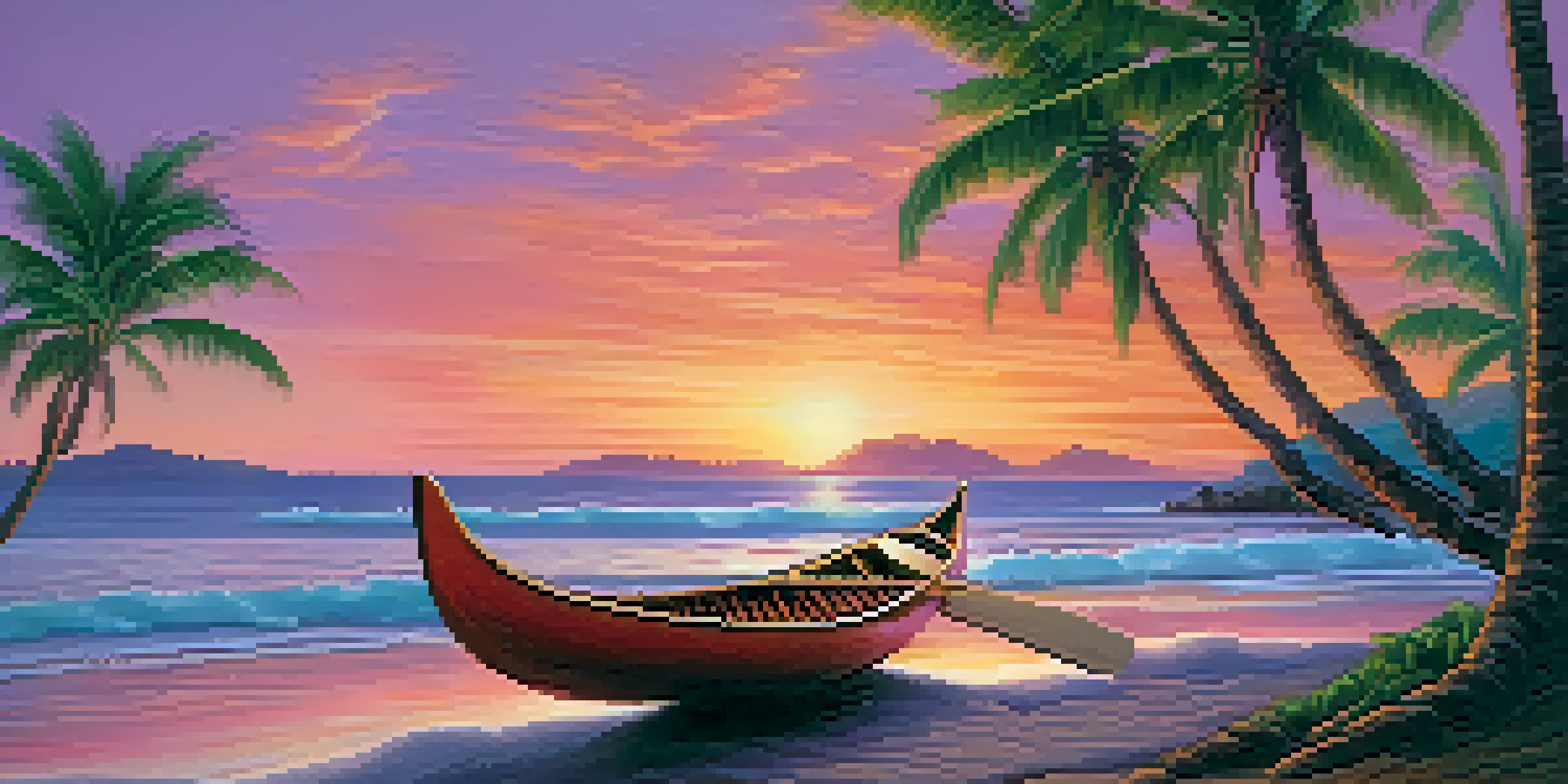 A beautiful sunset over the Hawaiian Islands, with vibrant colors in the sky and a traditional canoe on the beach.