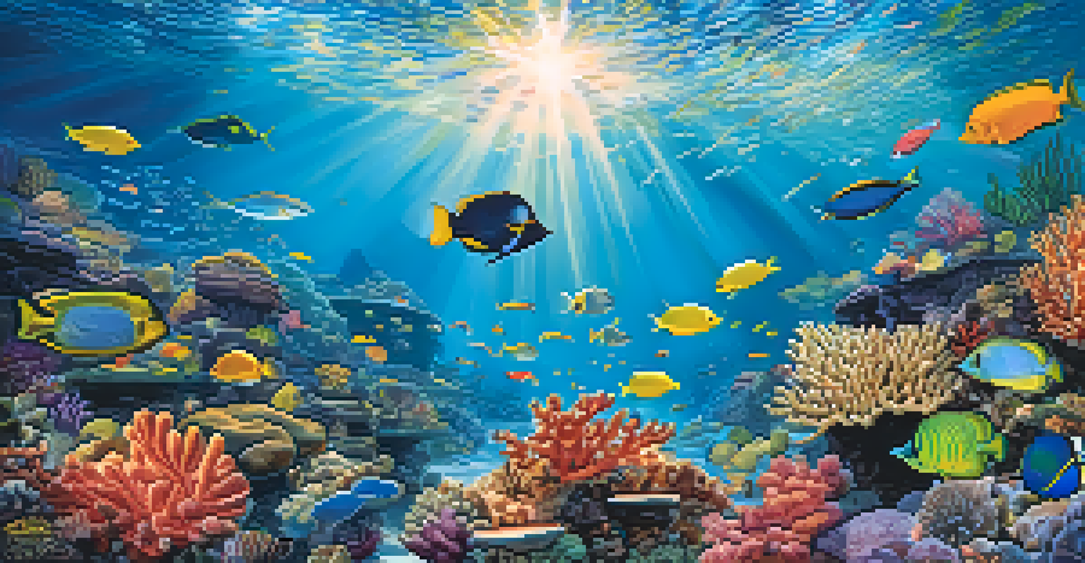 Underwater scene of a colorful coral reef with various fish swimming around.