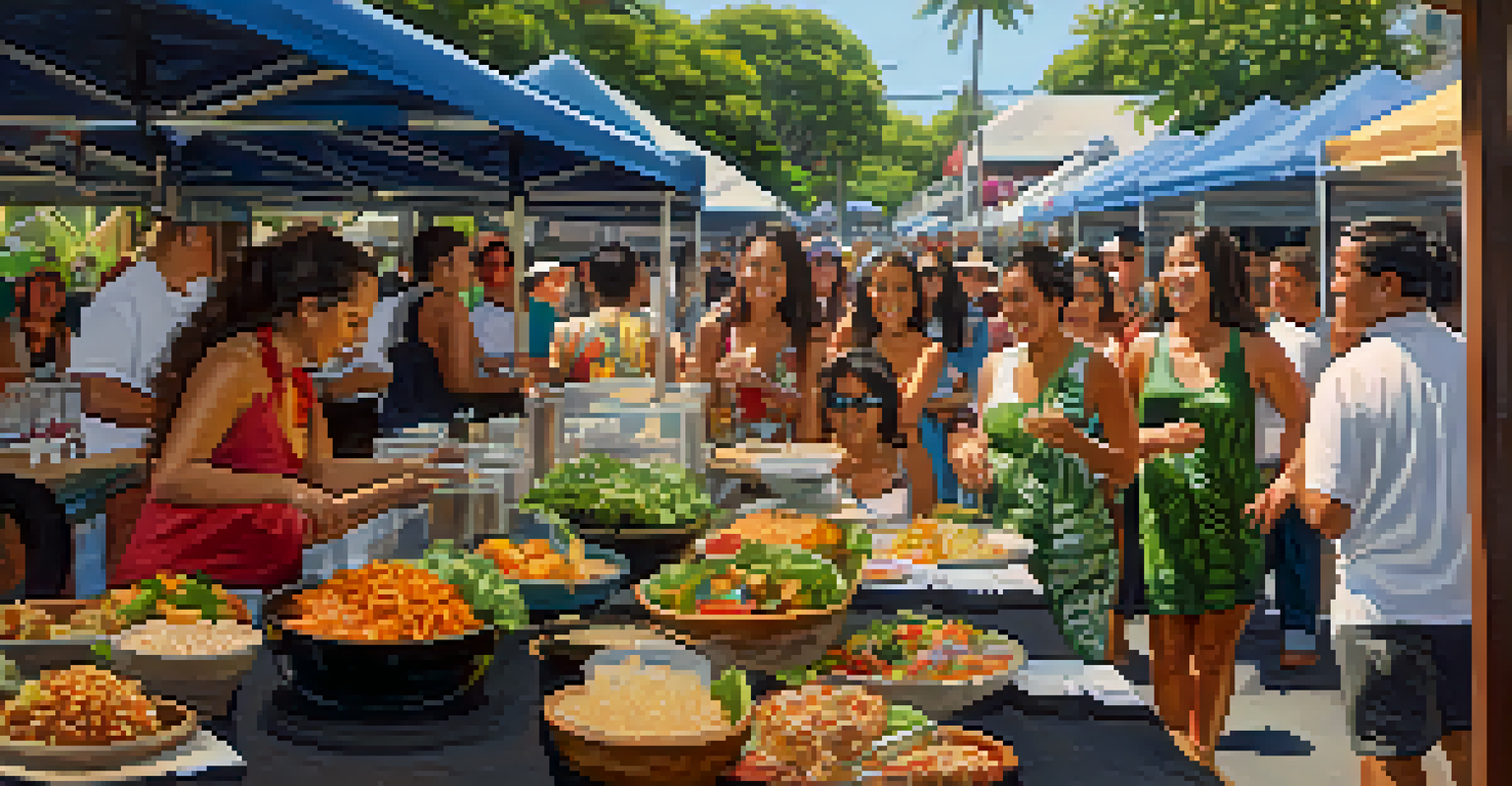 A bustling street festival with people sampling traditional Hawaiian food, enjoying live music, and participating in hula workshops.