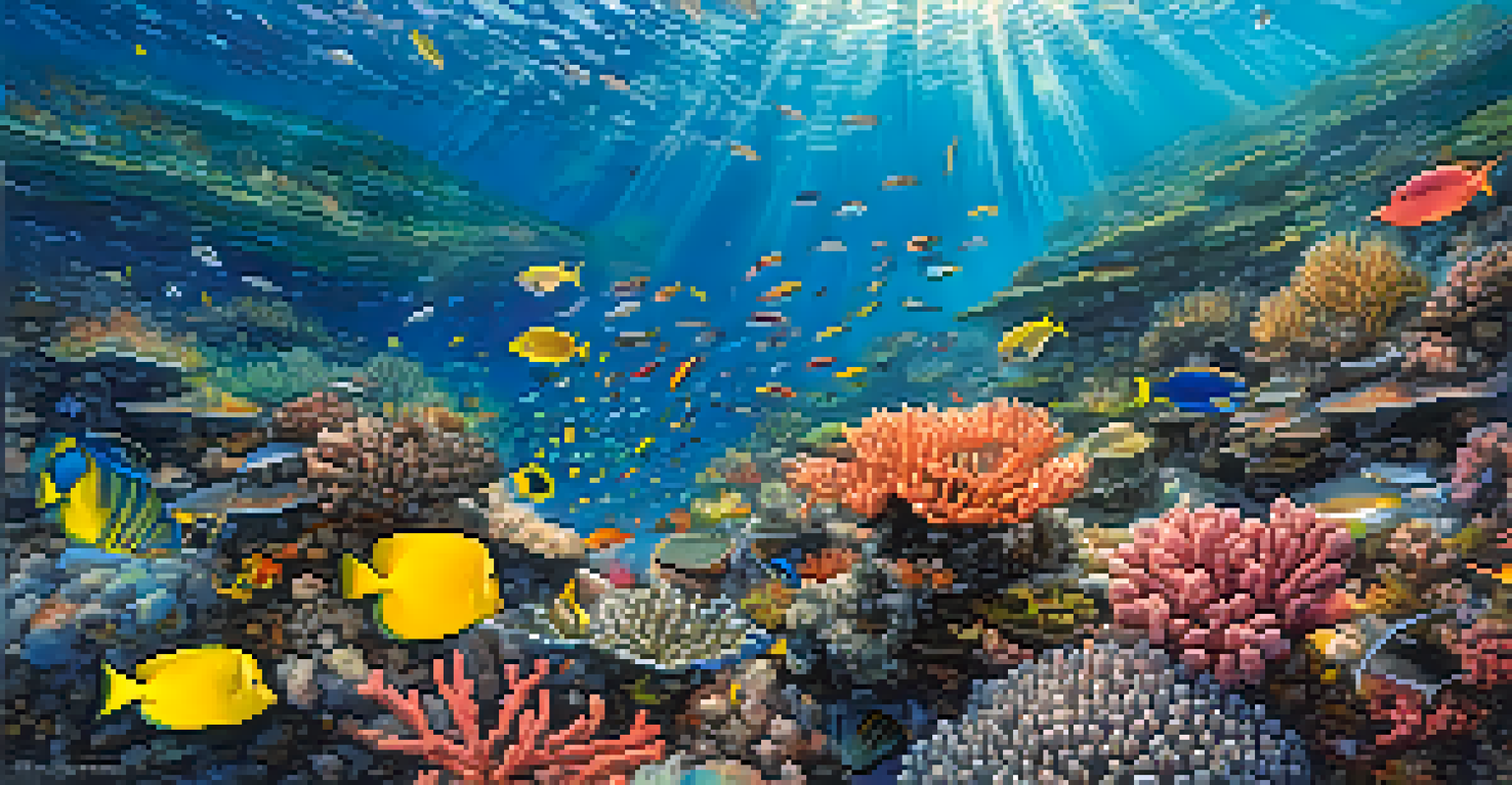 An aerial view of a coral reef with colorful marine life swimming among corals and sunlight filtering through the water.