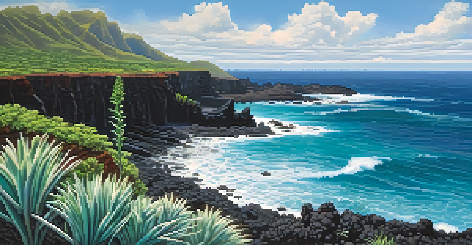 A dramatic Hawaiian coastline with volcanic rock formations, turquoise waves, and a silversword plant in the foreground.