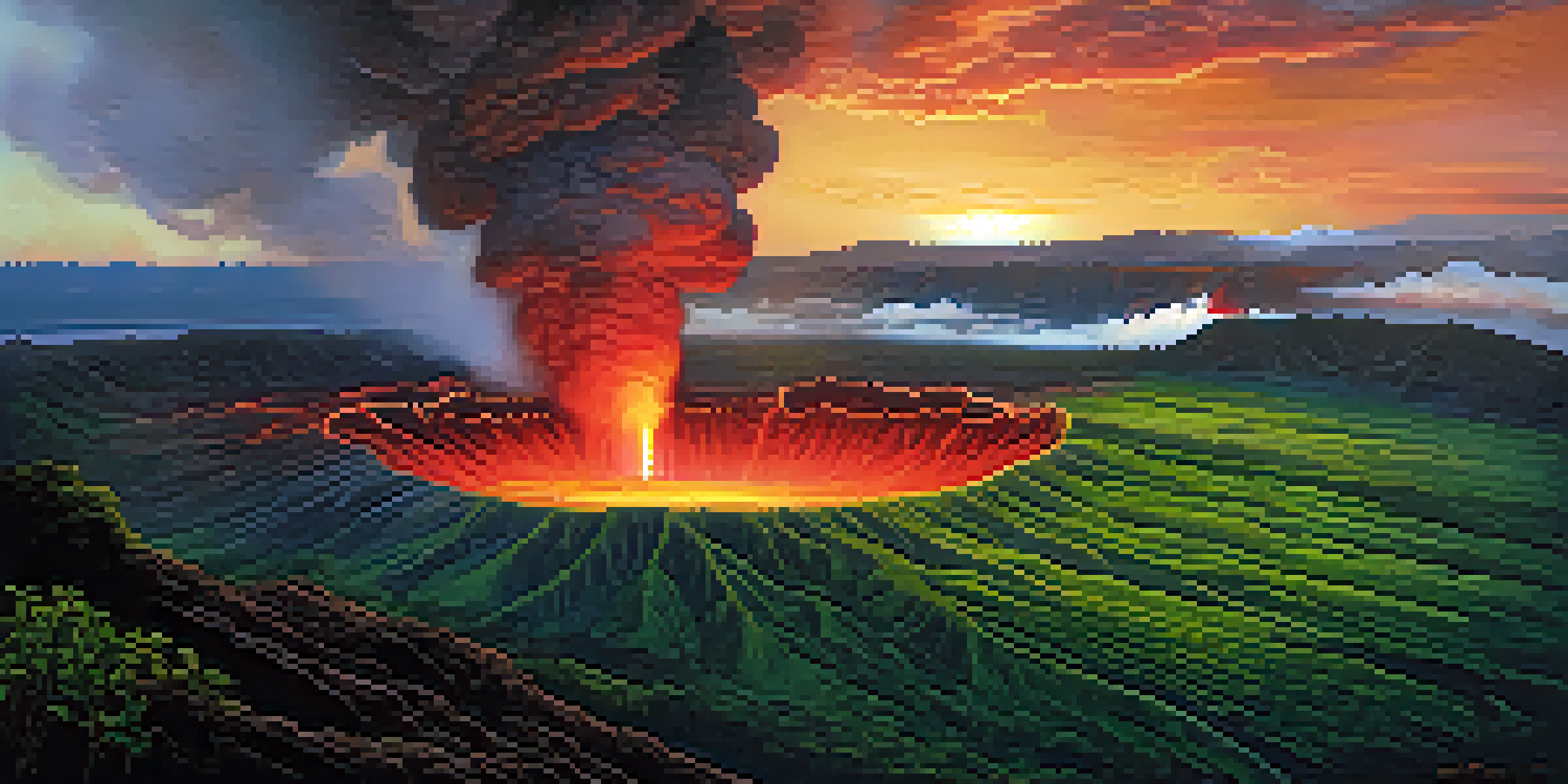 An erupting volcano at sunset with glowing lava, surrounded by green valleys and smoke rising into the sky.