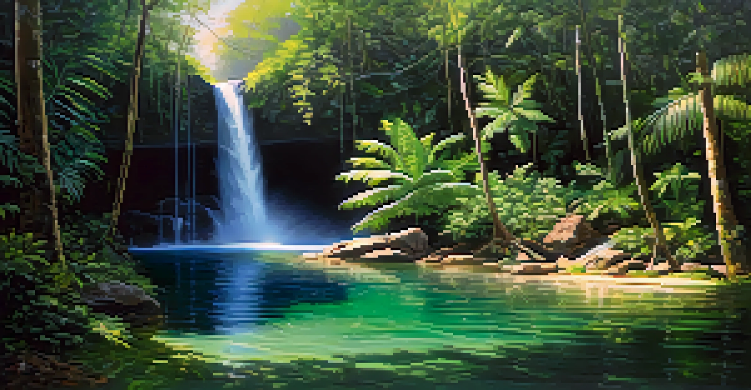A serene hidden waterfall surrounded by tropical plants, with sunlight shining through the foliage and a clear pool of water.
