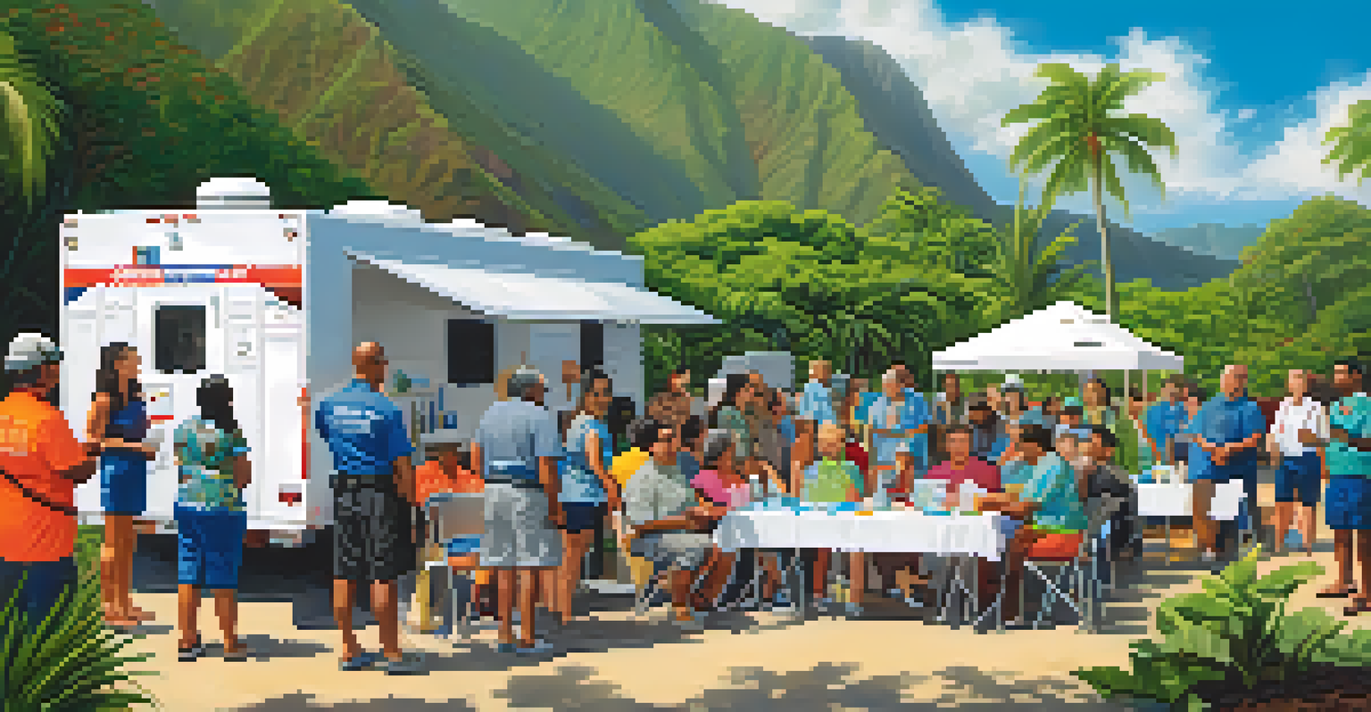 Residents of Hawaii participating in a disaster preparedness workshop with tropical plants in the background.