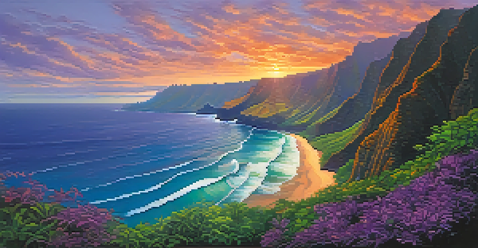 A stunning sunset view of Hawaii's Na Pali Coast with cliffs and ocean waves.