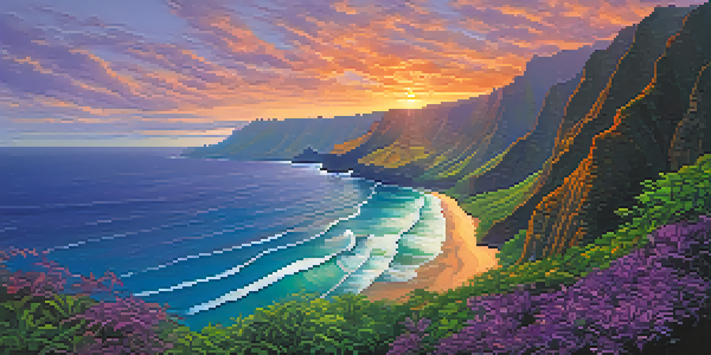 A stunning sunset view of Hawaii's Na Pali Coast with cliffs and ocean waves.