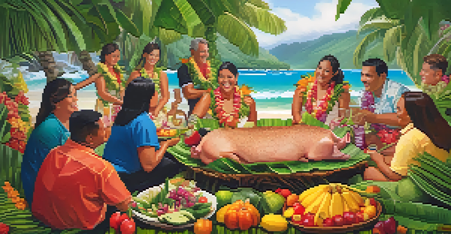 A kalua pig served at a Hawaiian luau with fruits and family celebrating in the background.